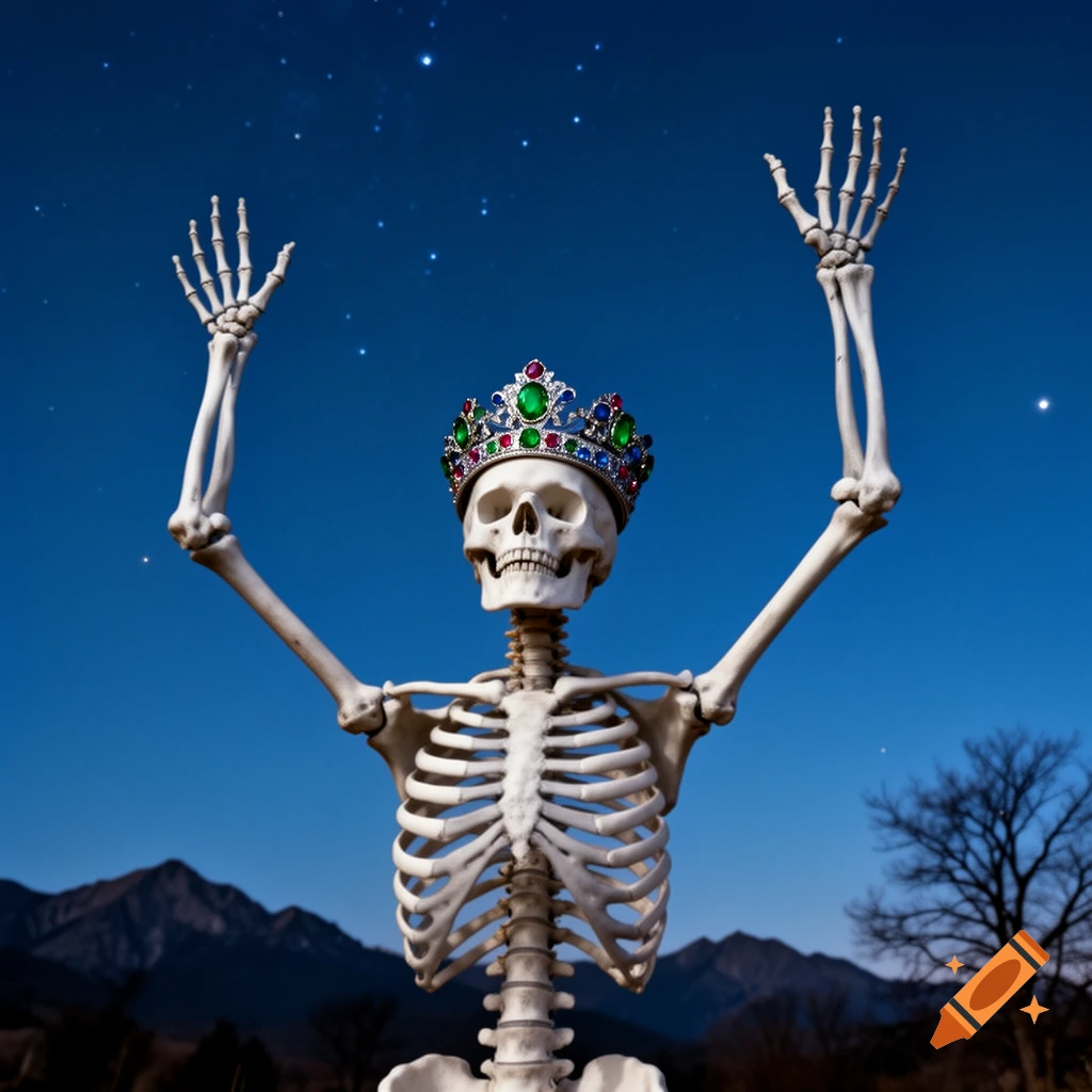 Photorealistic skeleton with a jeweled crown, arms raised, against a starry night sky with mountains and a tree.