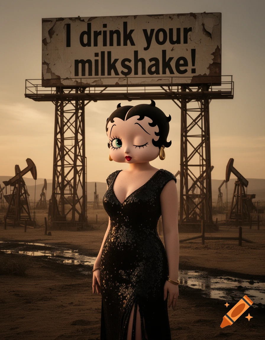 A Betty Boop-headed woman in a black sequined dress stands in a desolate oil field with derricks and a billboard saying 'I drink your milkshake!' in the background.