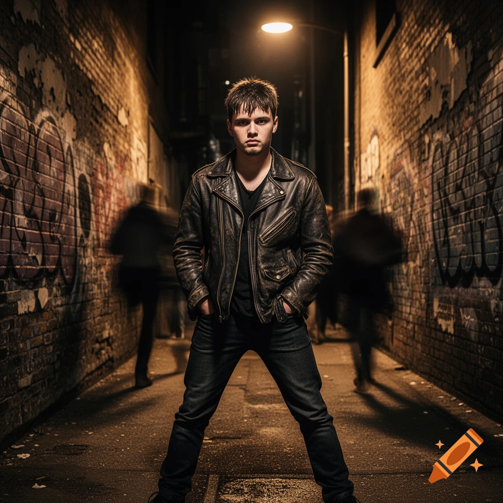 A young man in a leather jacket stands in a dark, graffiti-covered urban alley under a street lamp.