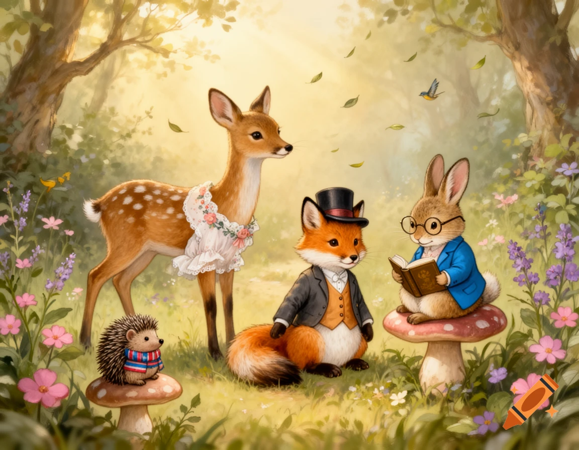 A whimsical forest scene with dressed animals: a deer, a fox in a top hat, a hedgehog, and a rabbit reading a book on a mushroom.