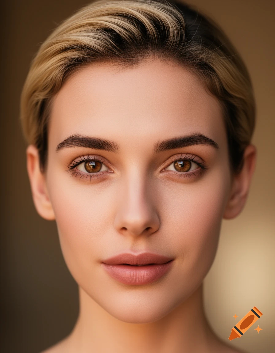 A close-up, photorealistic portrait of a woman with short blonde hair, neat eyebrows, and warm brown eyes.