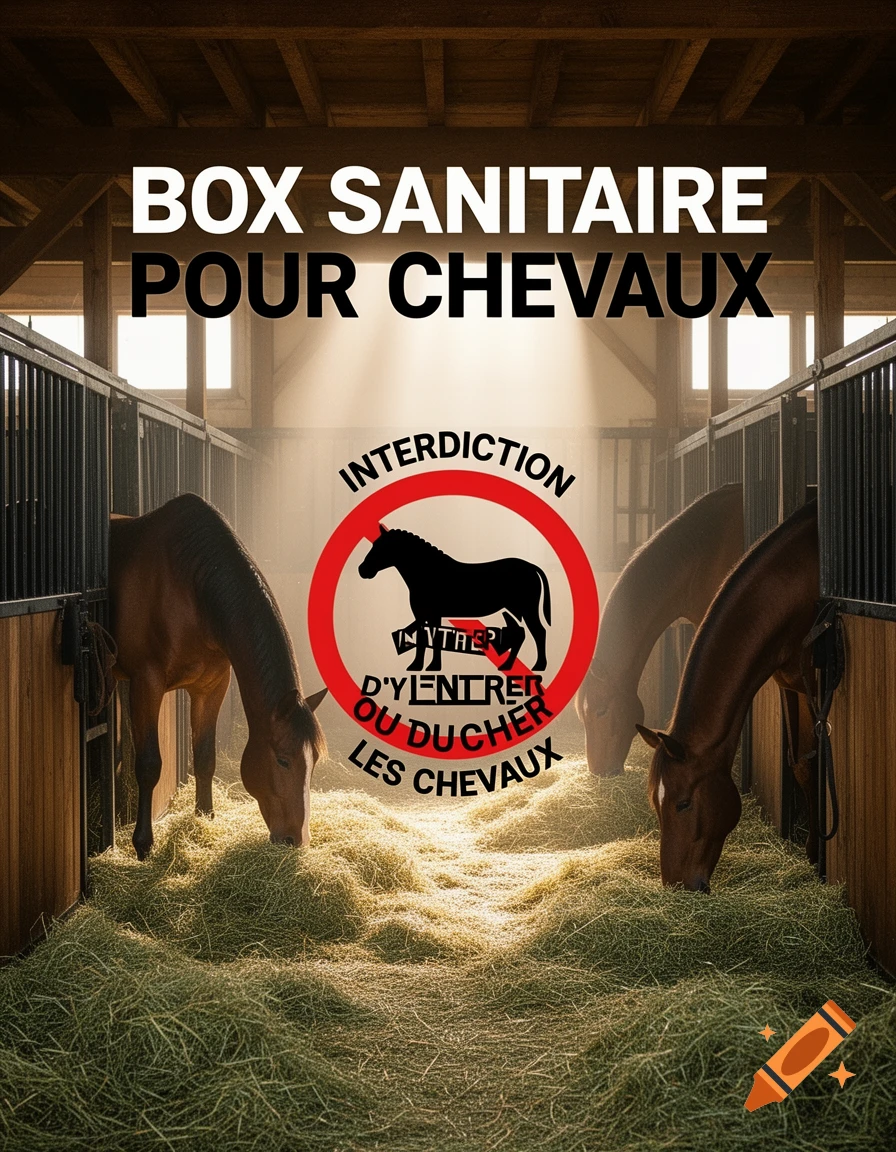 Photorealistic image of two horses eating hay in wooden stable stalls, with a prominent sign reading 'BOX SANITAIRE POUR CHEVAUX' and a red circle prohibition sign below it.