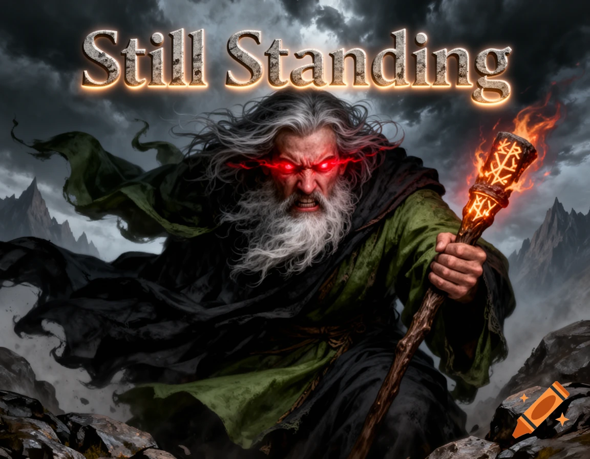 An angry wizard with glowing red eyes and a white beard holds a flaming staff under a stormy sky, with mountains in the background.