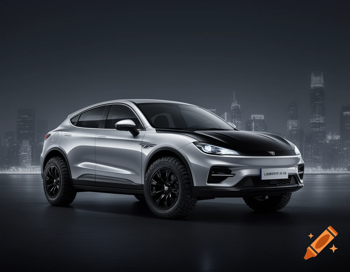 A silver crossover SUV with a black hood and black off-road tires is parked on a dark surface in front of a blurry city skyline at night. The car has bright headlights and a subtle logo on the grille.