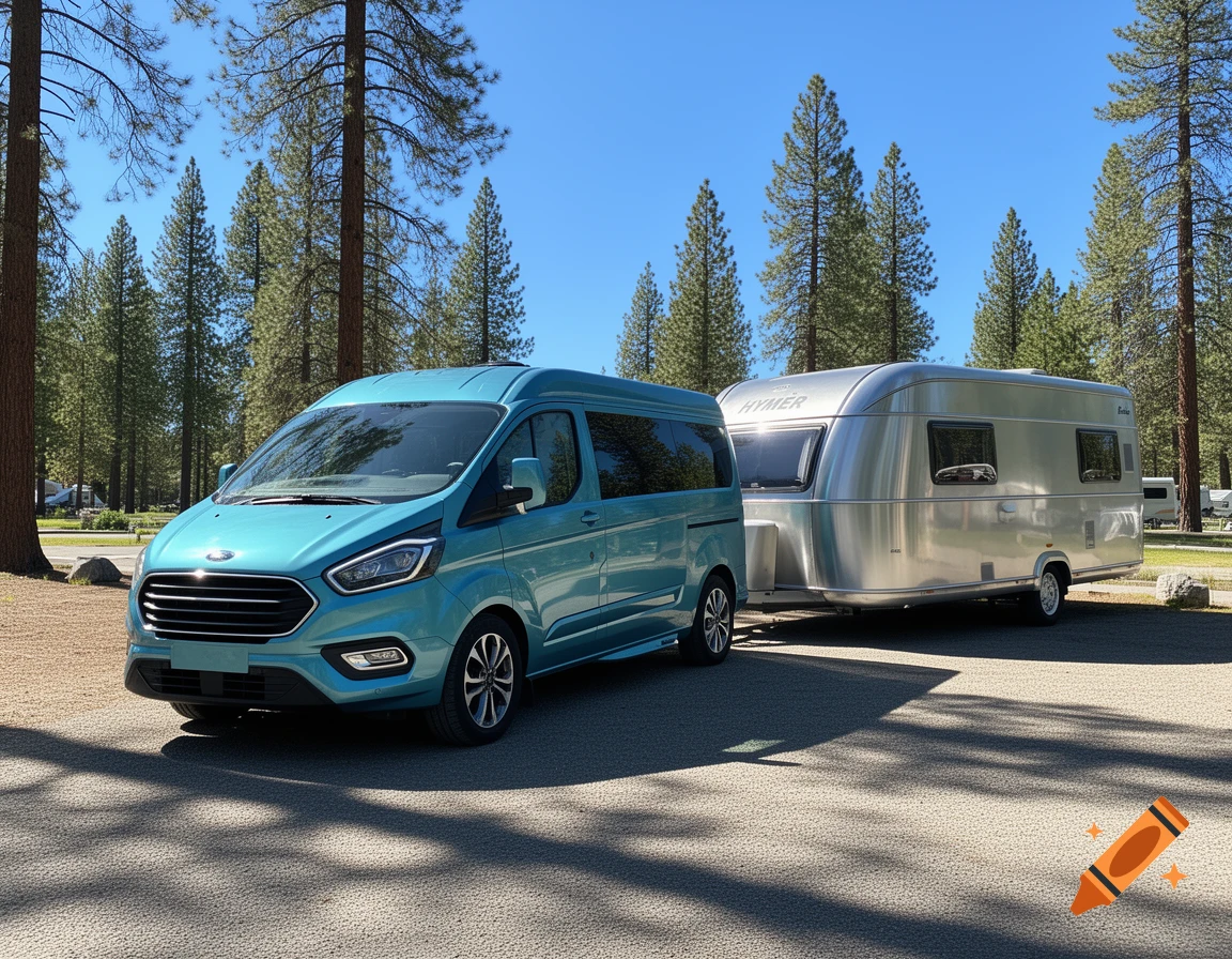A teal Ford camper van towing a silver Hymer travel trailer parked in a sunny campground with tall pine trees.