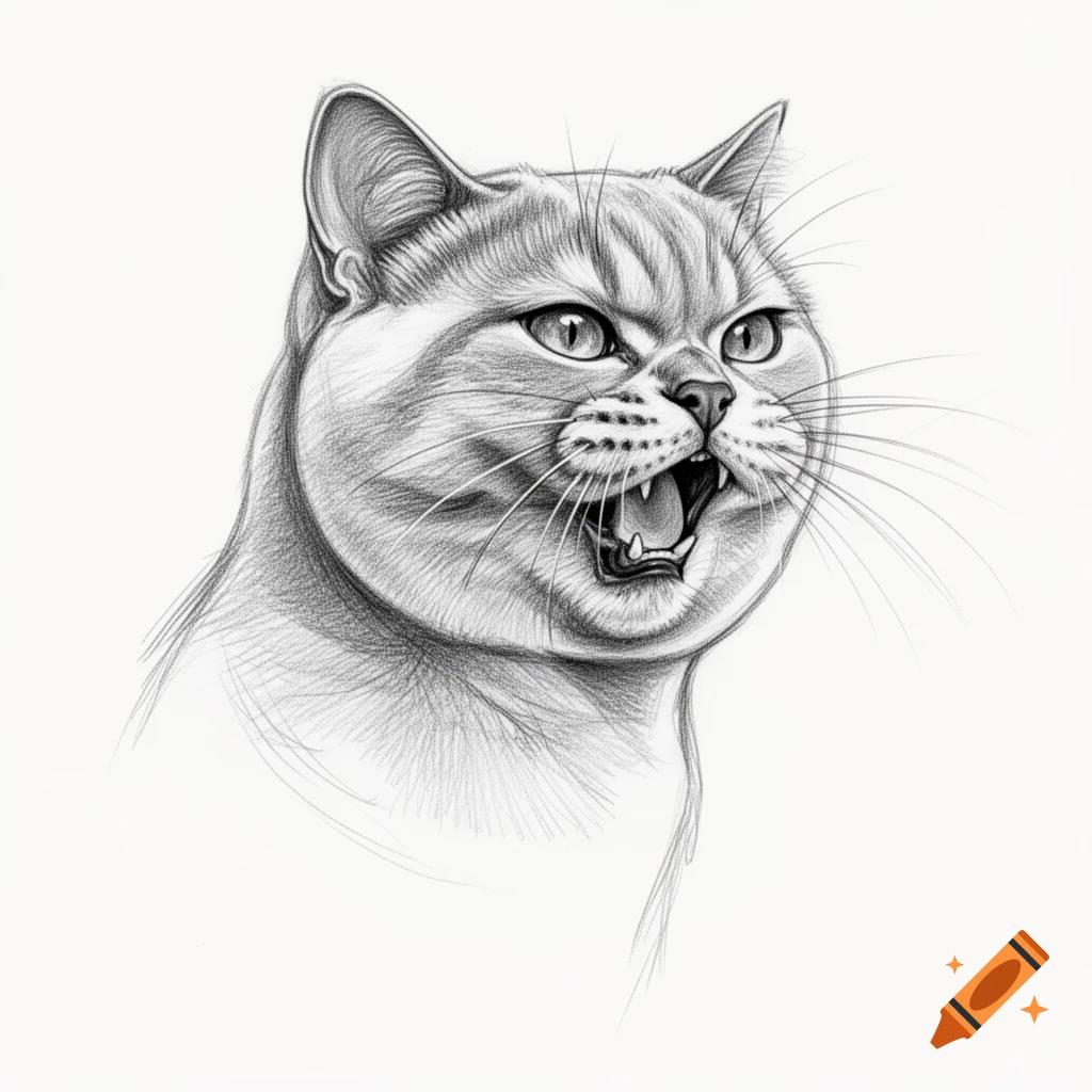 Black and white pencil sketch of a British Shorthair cat's head snarling, looking slightly to the side on a white background.