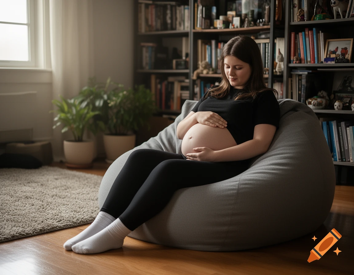 A pregnant woman in black clothing sits on a grey beanbag chair, gently rubbing her belly in a cozy living room.