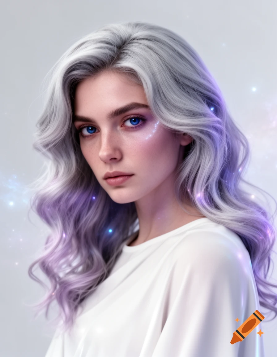 Close-up portrait of a woman with long wavy silver and lavender hair, piercing blue eyes, and a serene expression.