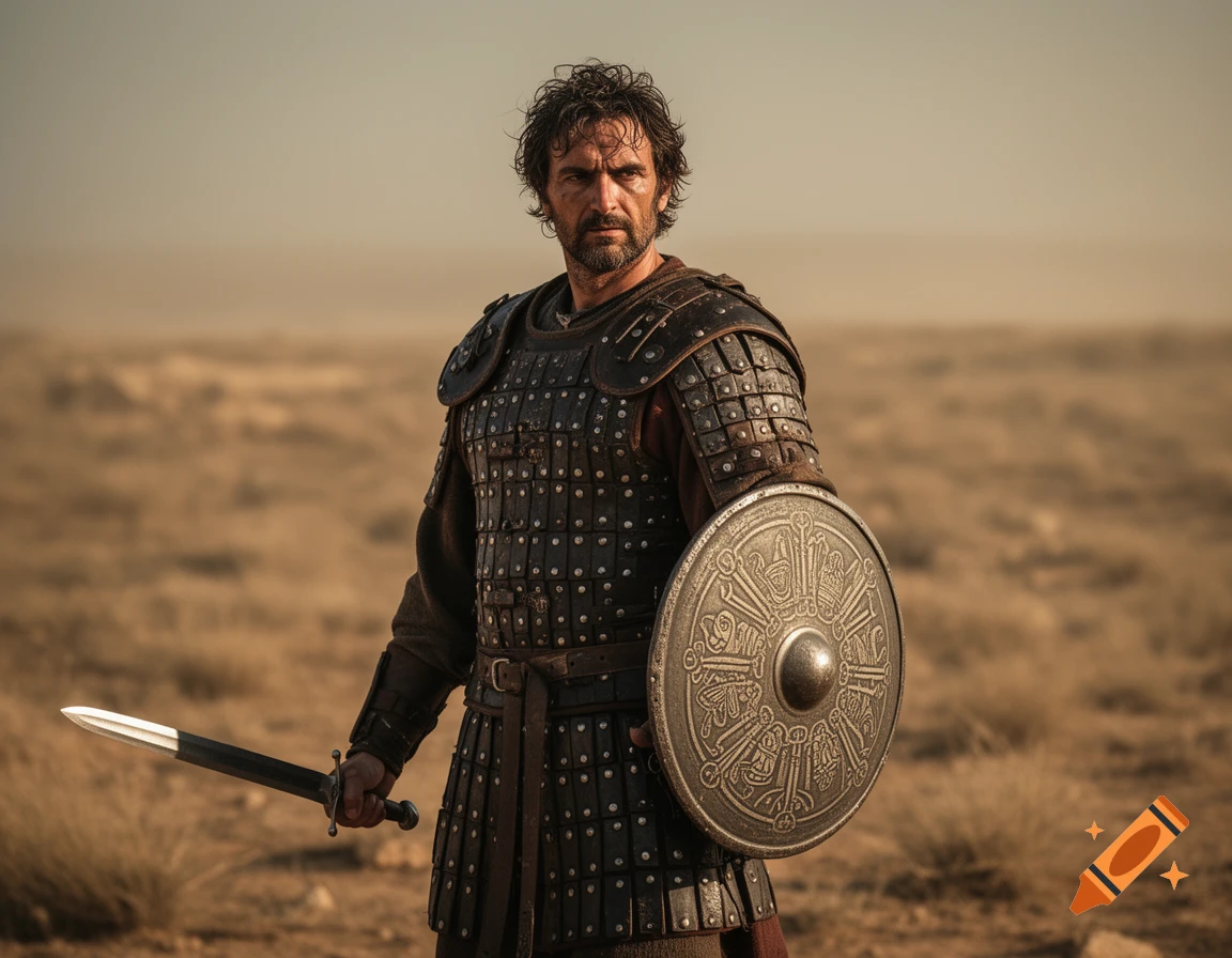 Photorealistic portrait of a grizzled Byzantine mercenary in armor, holding a sword and shield, standing in a desert.