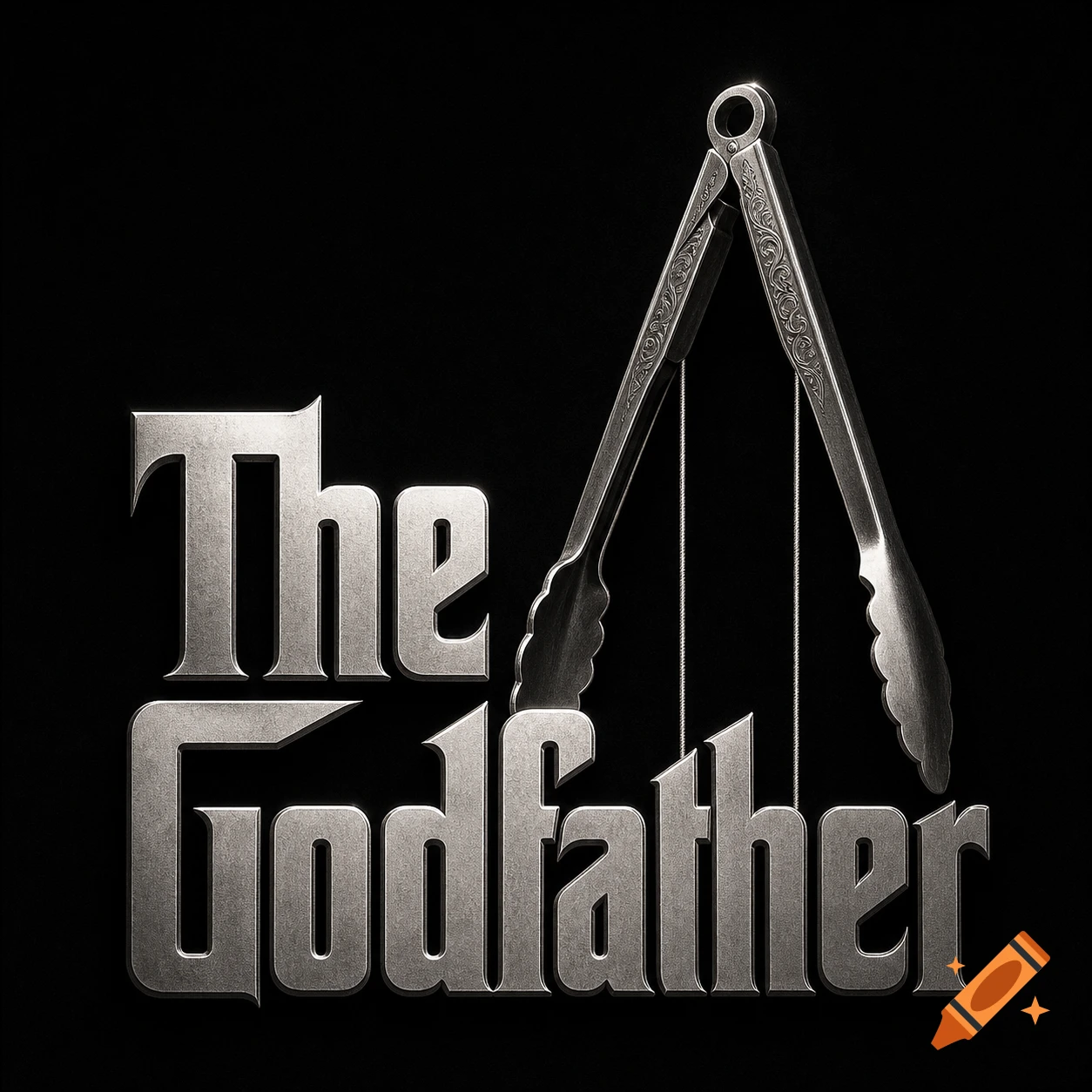 The Godfather movie logo with stylized metallic text and a pair of kitchen tongs replacing the hand, against a black background.