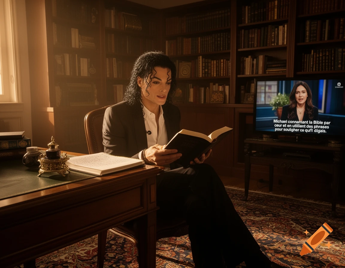 Photorealistic image of Michael Jackson reading a book in a dimly lit library, with a TV showing a news anchor and French text in the background.