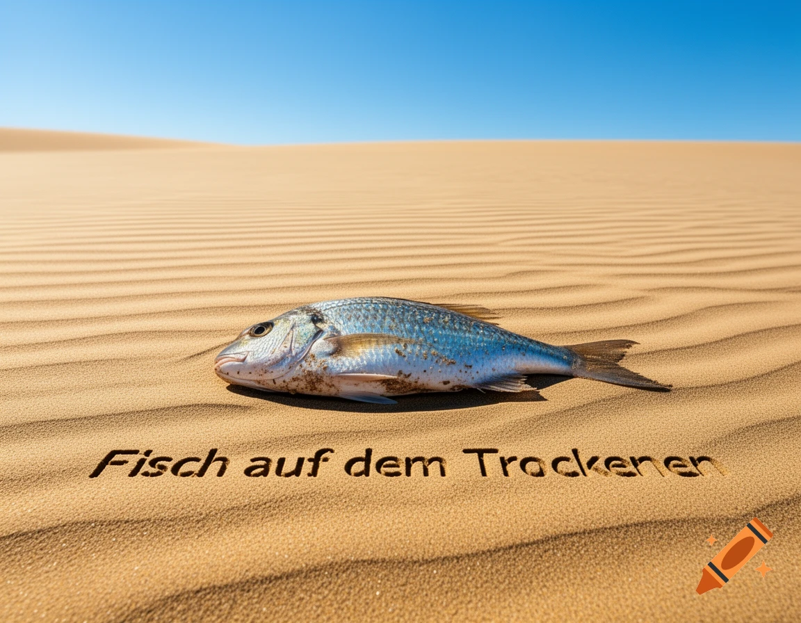 A fish lies on rippled sand dunes under a clear blue sky, with German text "Fisch auf dem Trockenen" carved into the sand.