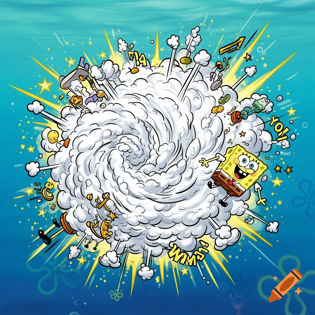 A cartoon illustration of SpongeBob SquarePants being flung from a chaotic fight cloud filled with other objects, set against a blue underwater background.