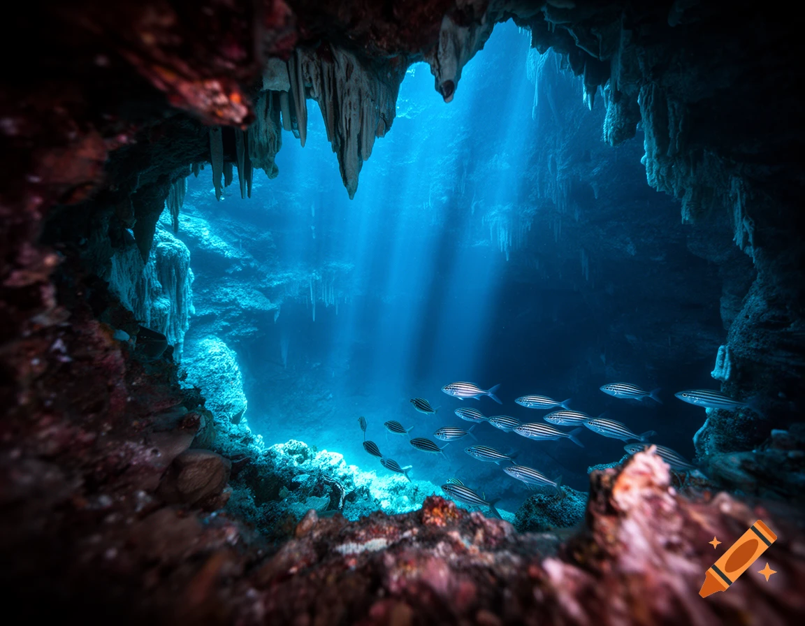 Sunlight streams into a dark underwater cave, illuminating a school of striped fish swimming near the coral-covered rocks.