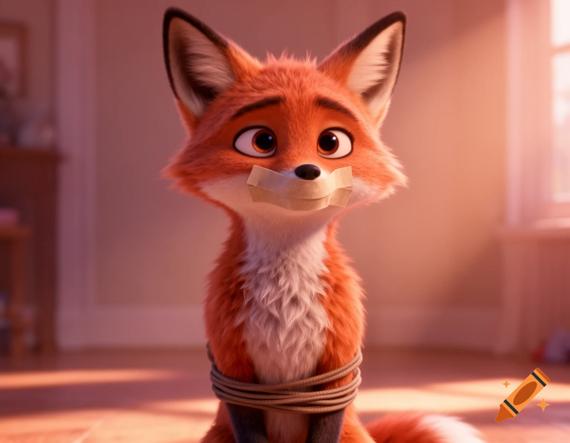 A Pixar-style anthropomorphic fox sits bound with rope, its mouth sealed with tape, looking sad.