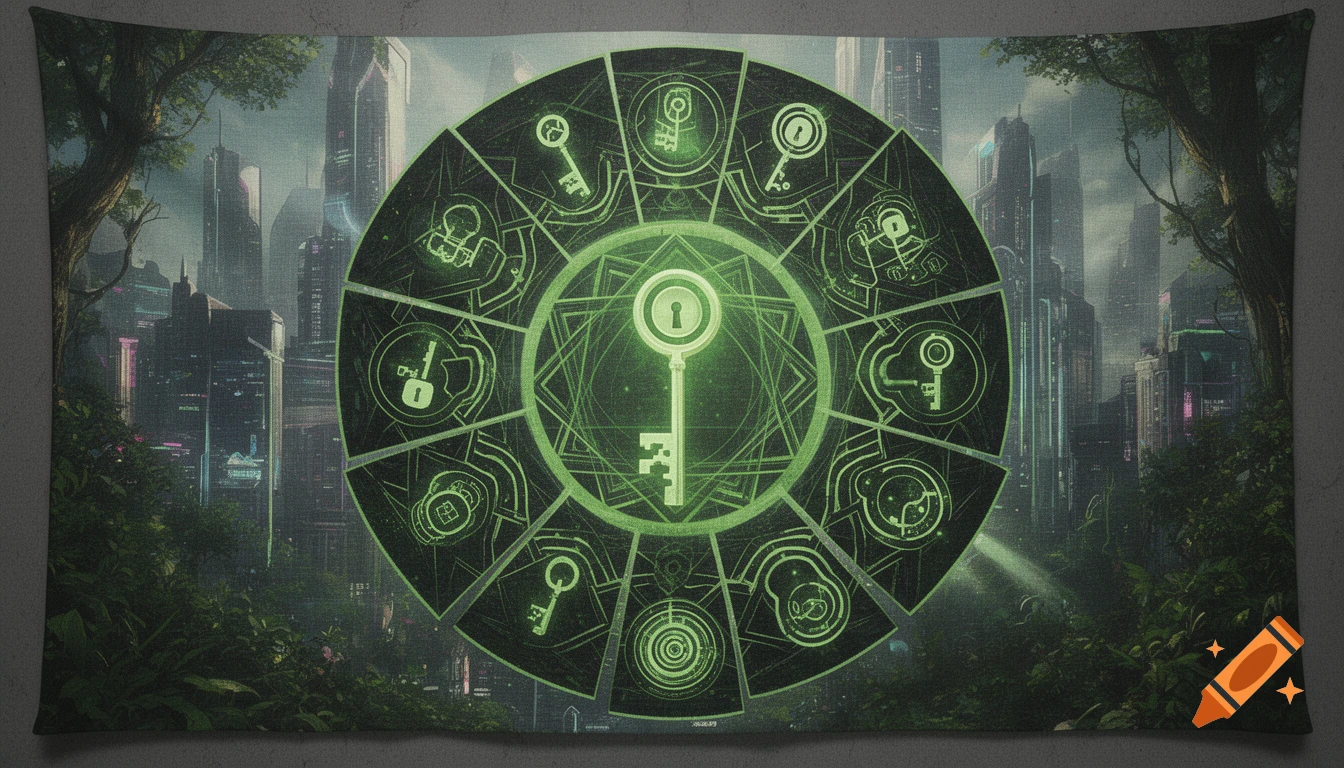 A glowing green circular symbol with keys, set against a backdrop of a futuristic city and lush green foliage, resembling a tapestry.