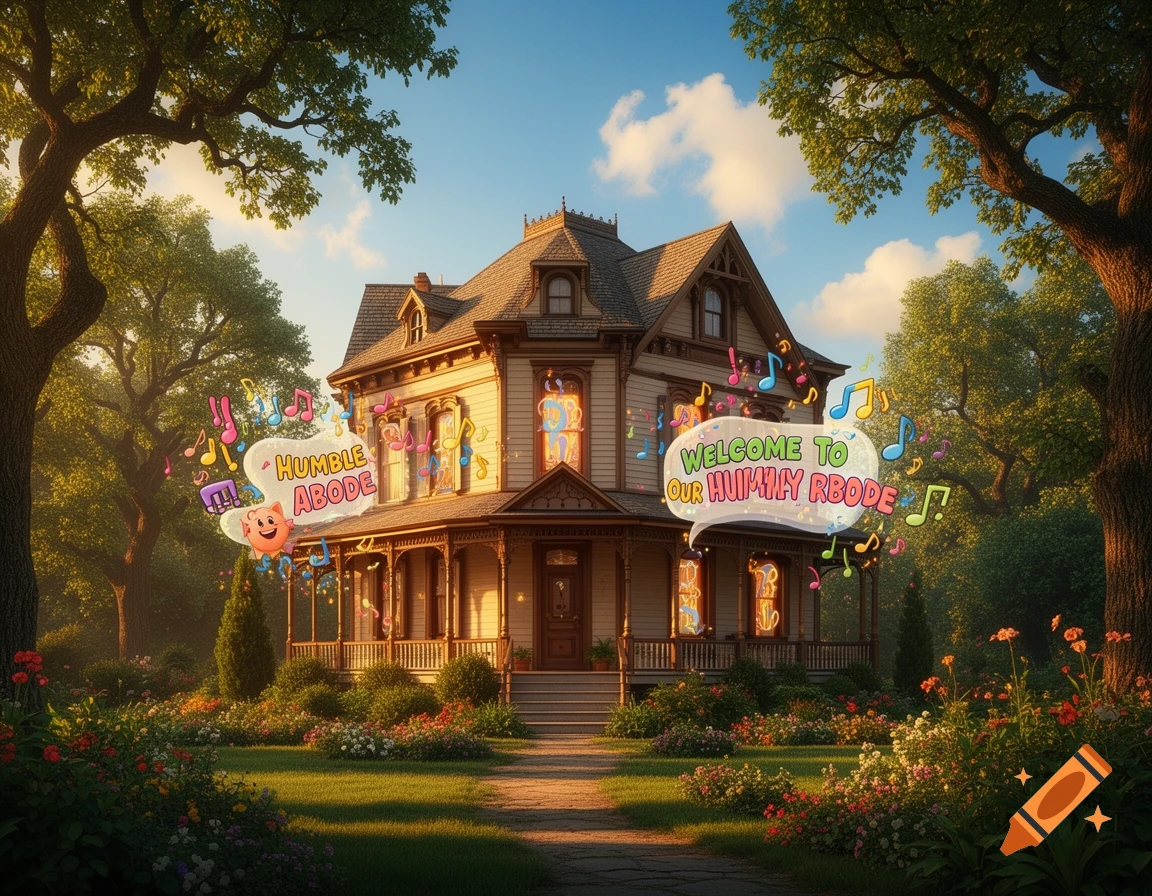 A whimsical Victorian house in a lush garden with speech bubbles saying "HUMBLE ABODE" and "WELCOME TO OUR HUIMHLY RBODE".