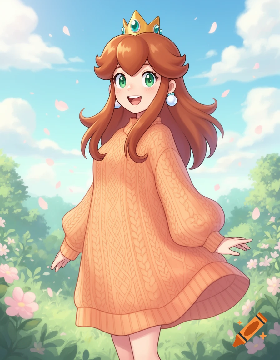 Princess Daisy in an orange sweater dress, standing in a flowery fantasy landscape with pink petals falling, in anime style.