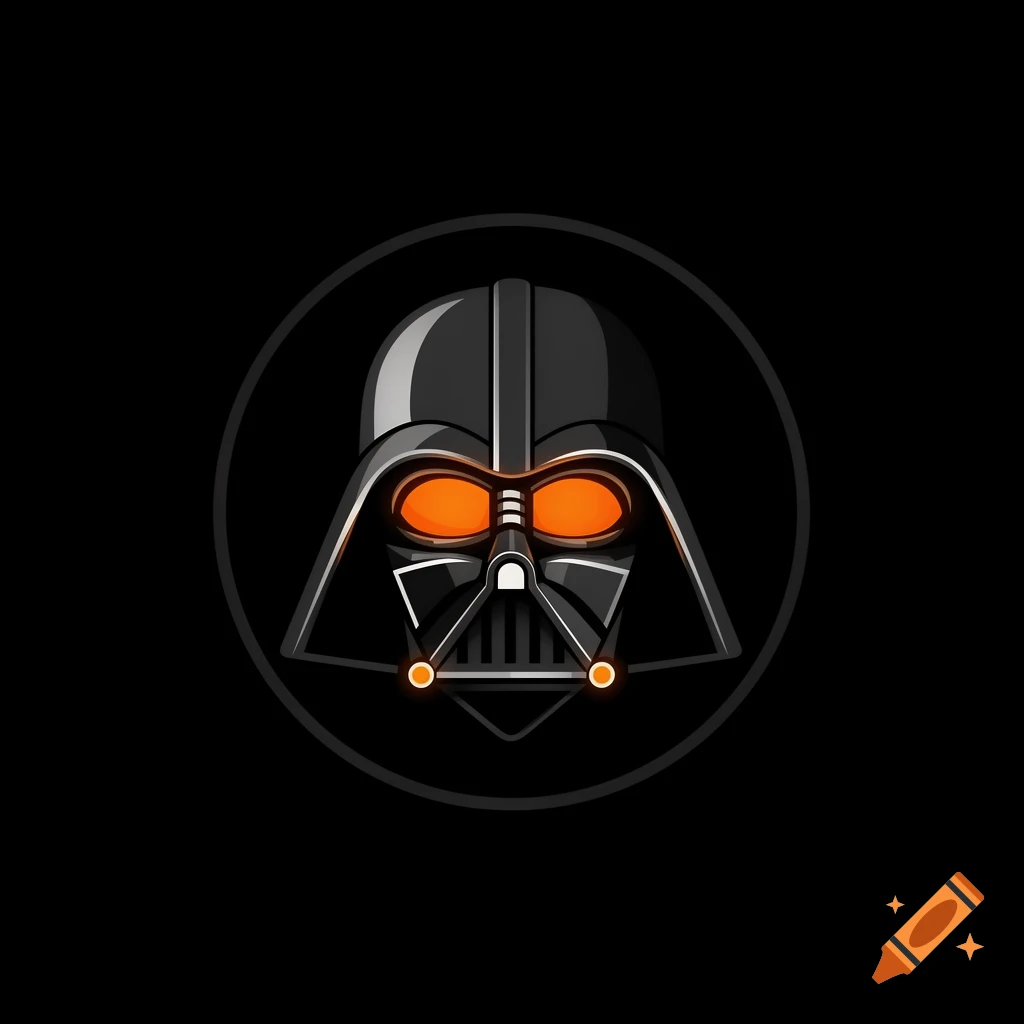 Minimalist vector icon of Darth Vader's helmet with glowing orange eyes and highlights, centered in a dark circle on a black background.