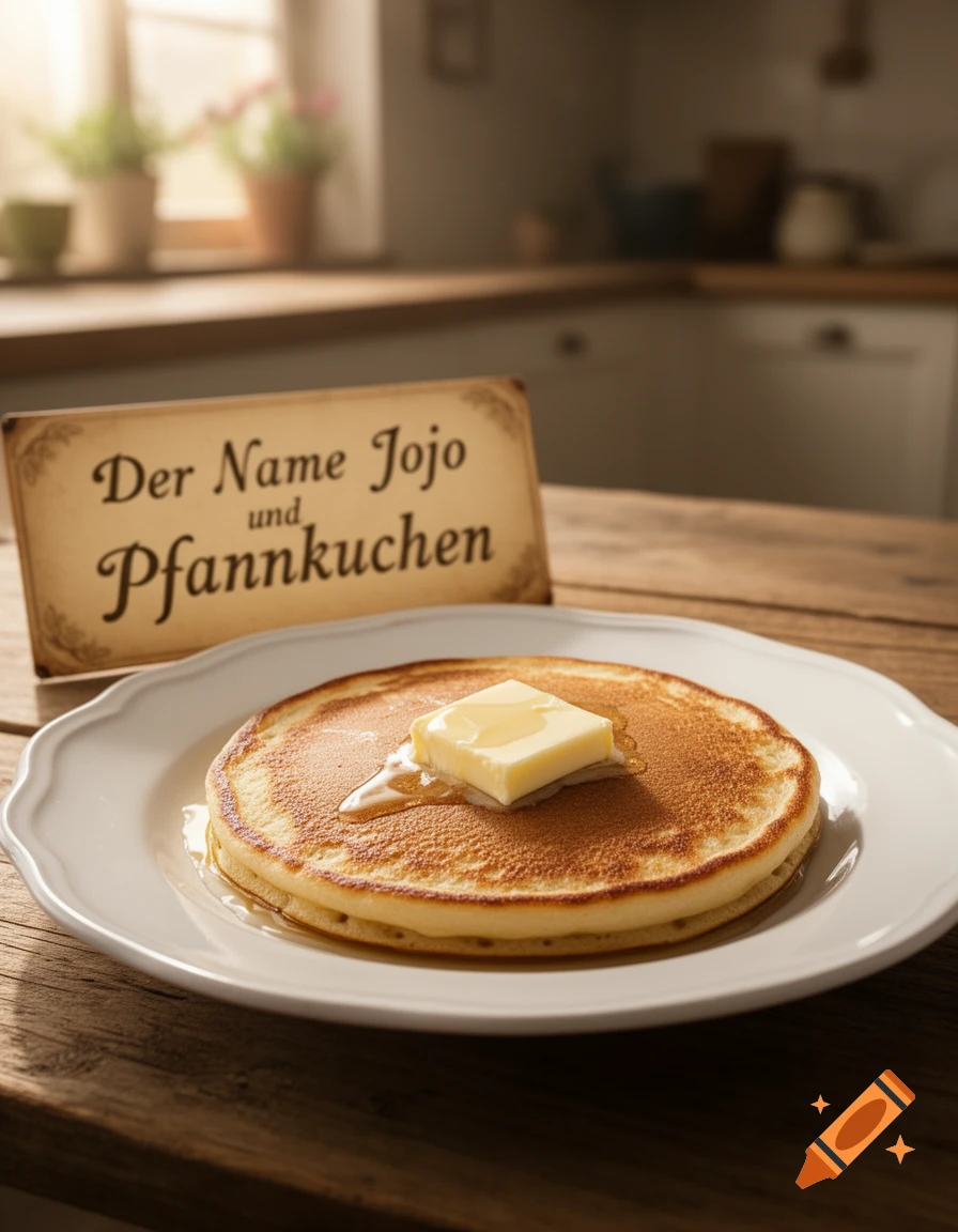 Stack of golden pancakes with melting butter and syrup on a white plate. A sign with German text is on a wooden kitchen table.