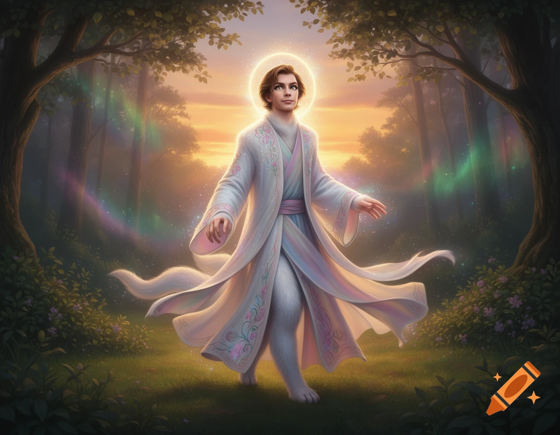 A glowing figure with a halo, wearing flowing, embroidered robes and furry legs, walks through a mystical forest with rainbow light trails and a sunset sky.