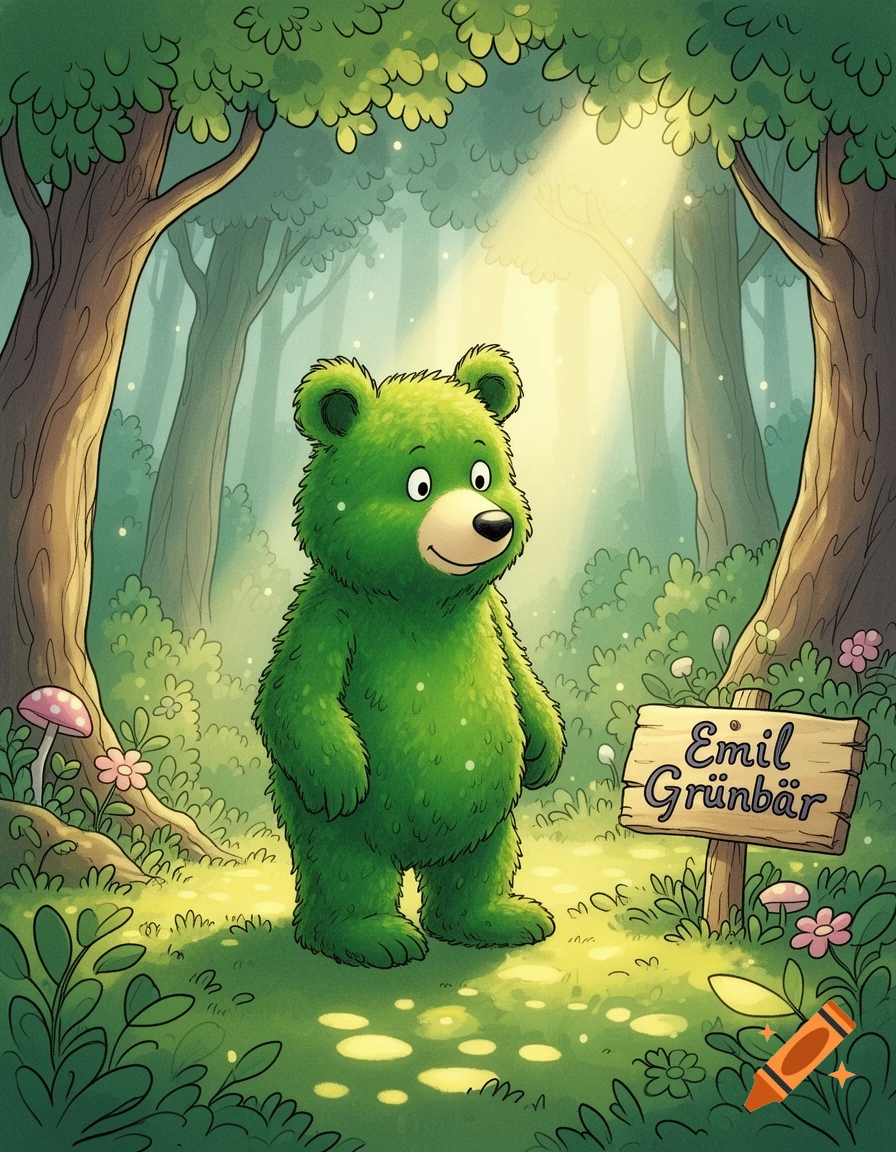 A cute green cartoon bear stands in a sunny forest next to a wooden sign reading 'Emil Gr H nbar', in a children's book style.
