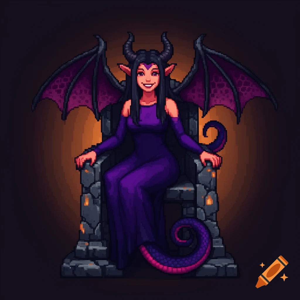 A smiling pixel art demoness with horns, purple wings, and a coiled tail, dressed in a purple gown and sitting on a stone throne.