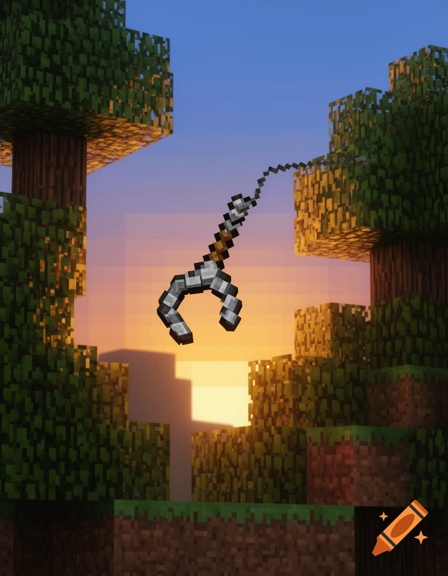 A pixelated Minecraft-style grapple hook floats between blocky trees against a sunset sky.