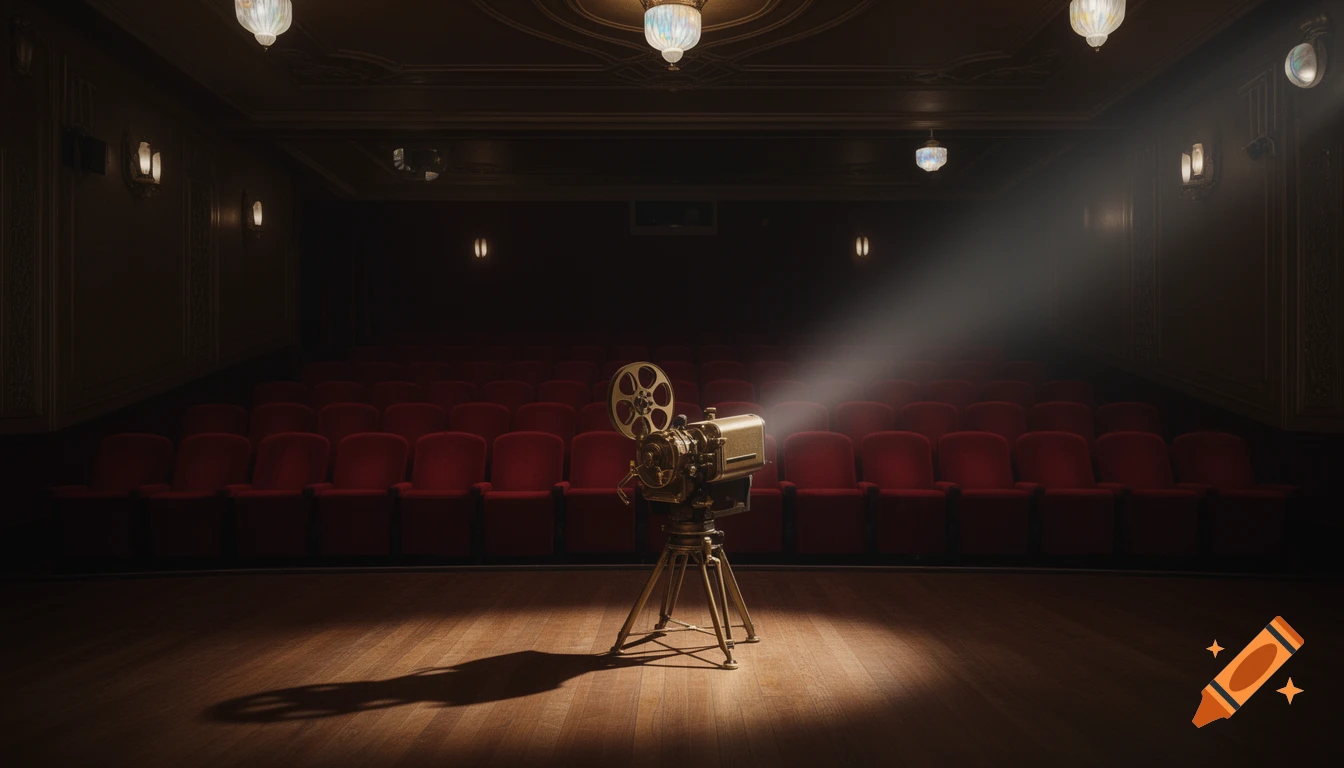 An old film projector sits on the stage of an empty, atmospheric movie theater, illuminated by a spotlight.