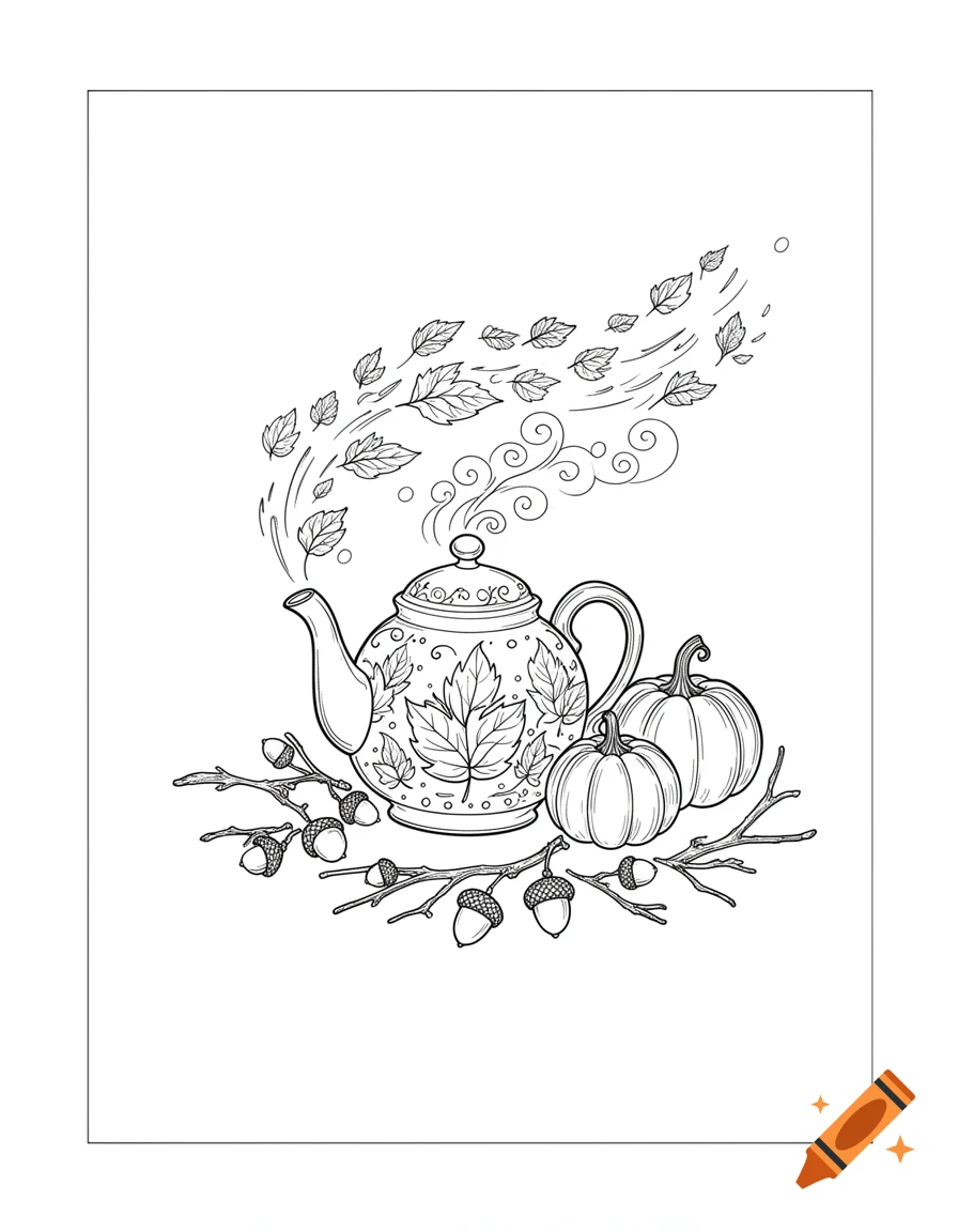 Black and white line art coloring page featuring a decorative teapot, two pumpkins, acorns on branches, and swirling autumn leaves.