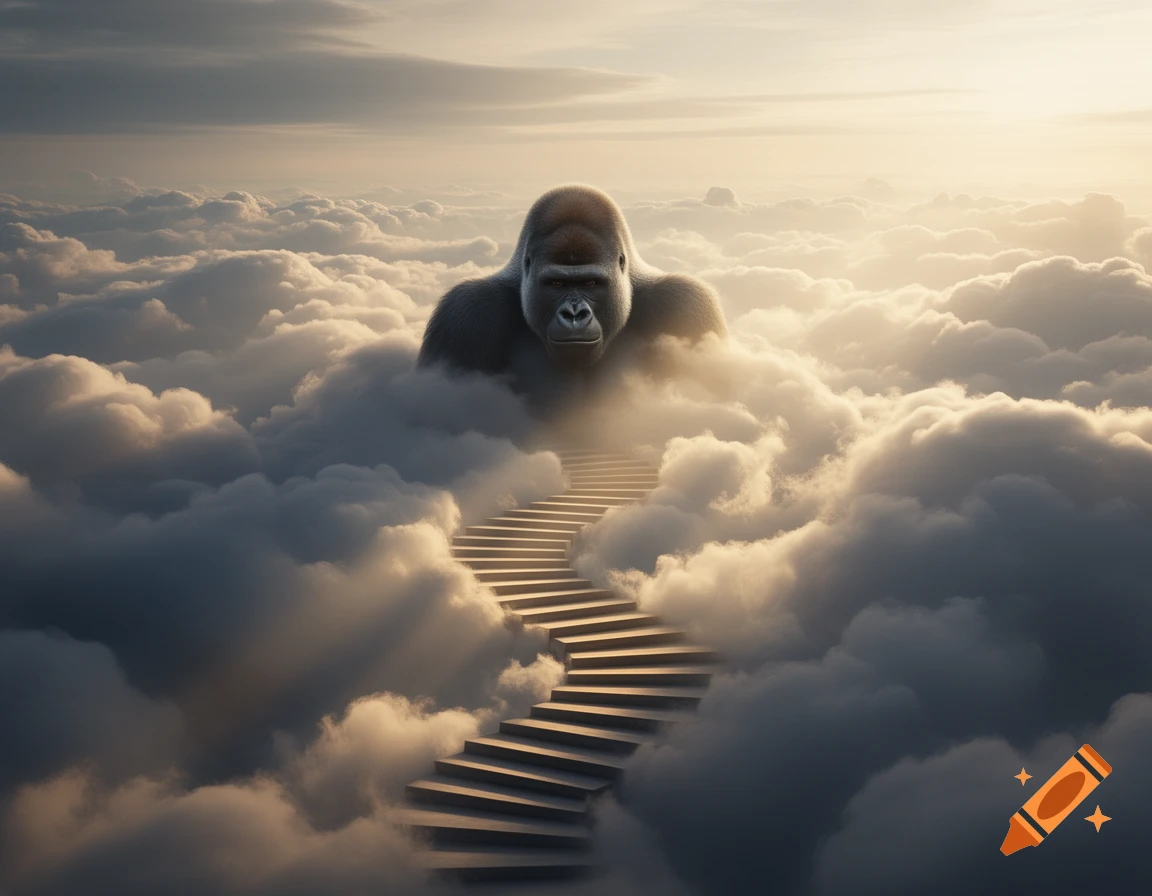 A majestic gorilla emerges from fluffy white clouds with a winding stairway leading towards it under a bright, ethereal sky.