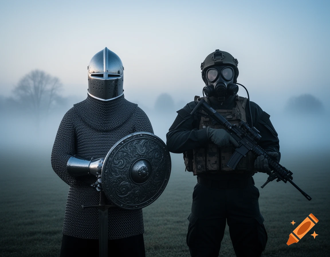 A medieval knight in chainmail and helmet with a shield stands next to a modern commando in a gas mask and tactical gear with an assault rifle, both in a misty field.