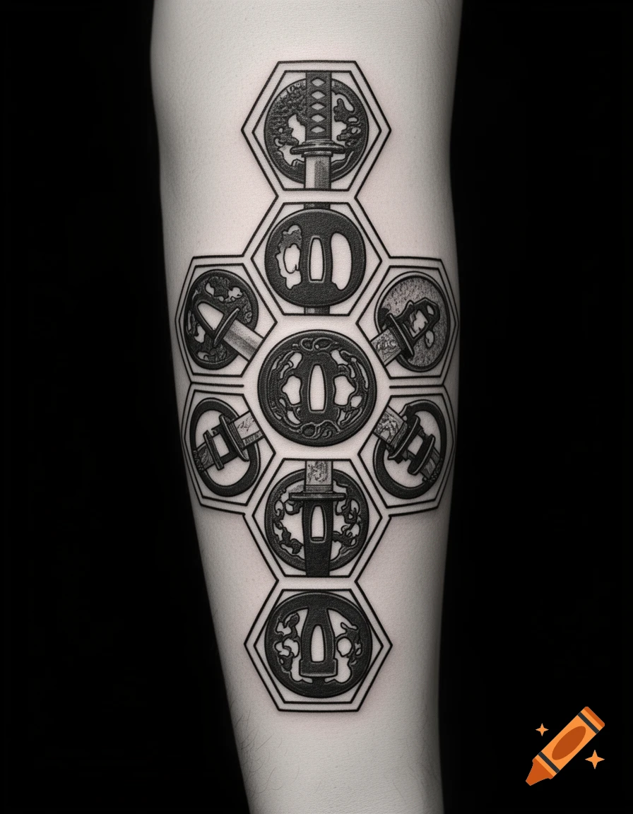 A black and white tattoo of seven hexagonal designs, each containing a stylized Japanese katana sword guard, on an arm.