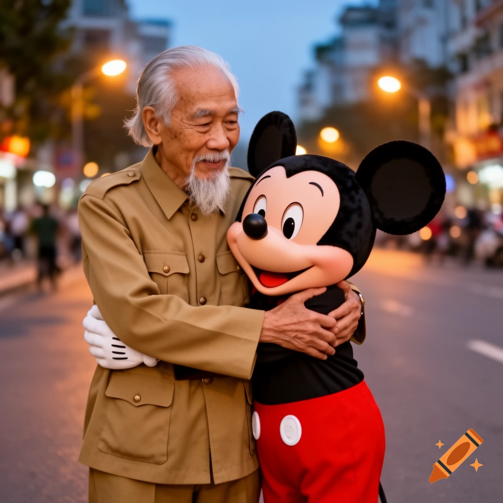 An old man with a white beard, wearing a tan military-style uniform, hugs a large Mickey Mouse character on a city street at dusk.