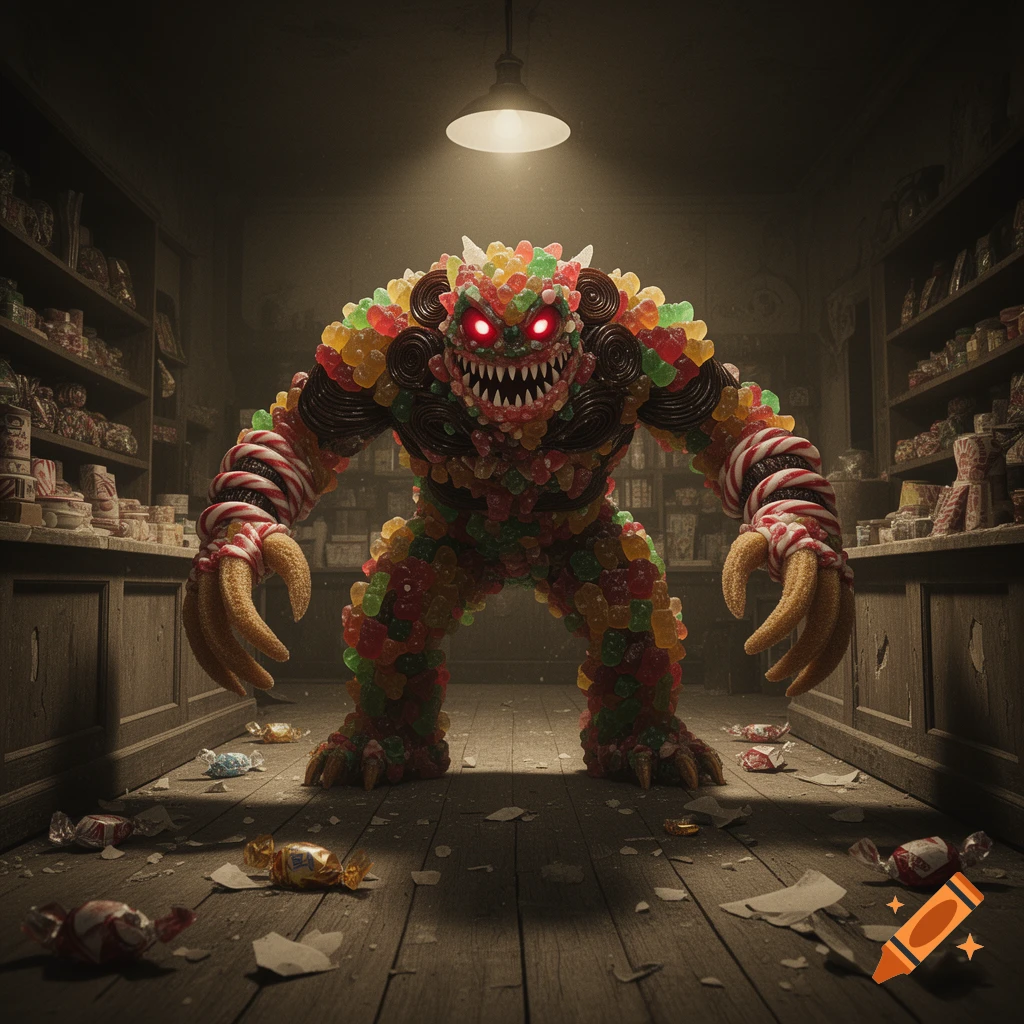 A scary, colorful candy monster with glowing red eyes stands menacingly in a dark, messy candy store. Photorealistic style.