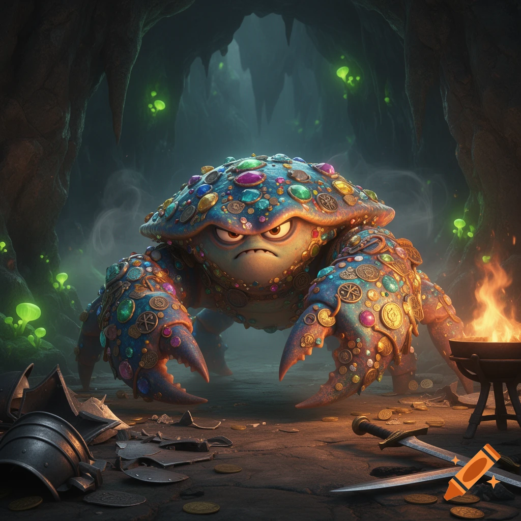 A large, grumpy, gem-encrusted crab monster stands in a dark cave with glowing green fungi, gold coins, and broken armor.
