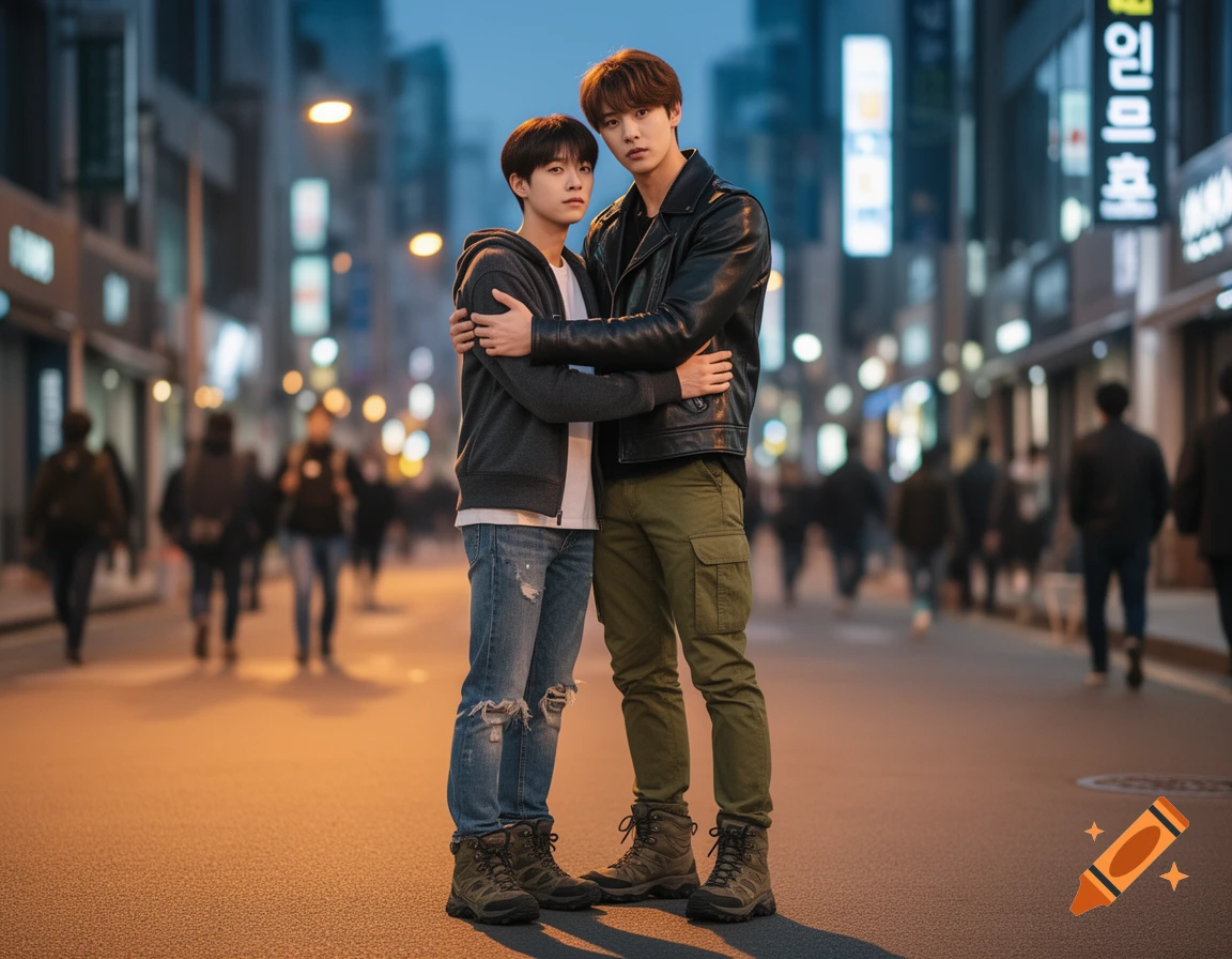 Two young men in casual clothing hug on a city street at dusk, with blurred background lights and buildings.