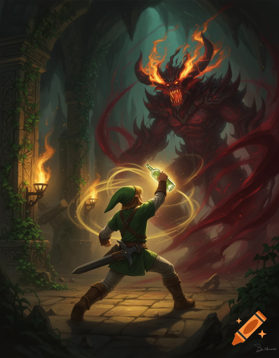 Link in a green tunic battles a fiery red demon in a dark dungeon, holding a glowing bottle aloft. Detailed fantasy art.