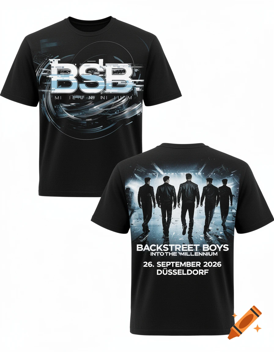 Two black t-shirts, one showing a stylized 'BSB Millennium' design on the front, the other showing the back with Backstreet Boys silhouettes and concert details.