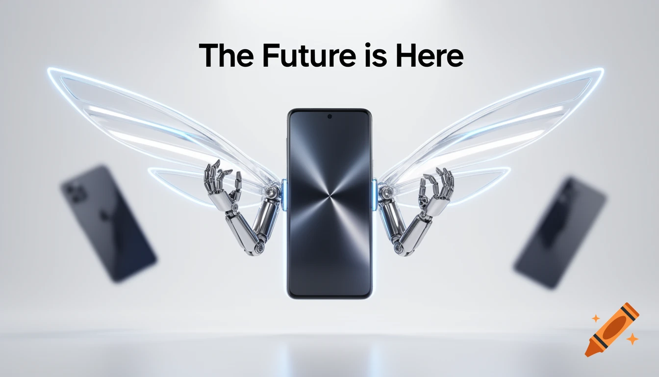 A smartphone with glowing robot arms and transparent wings floats above a white surface, with text 'The Future is Here'.