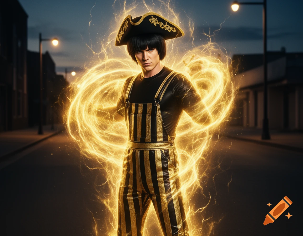 Photorealistic portrait of a man in black and gold striped overalls and a tricorn hat, surrounded by golden energy, on an urban street at night.