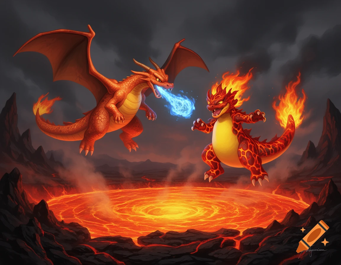 Charizard breathes blue fire at a flaming Magmar above a swirling lava pit in a dark, volcanic landscape.