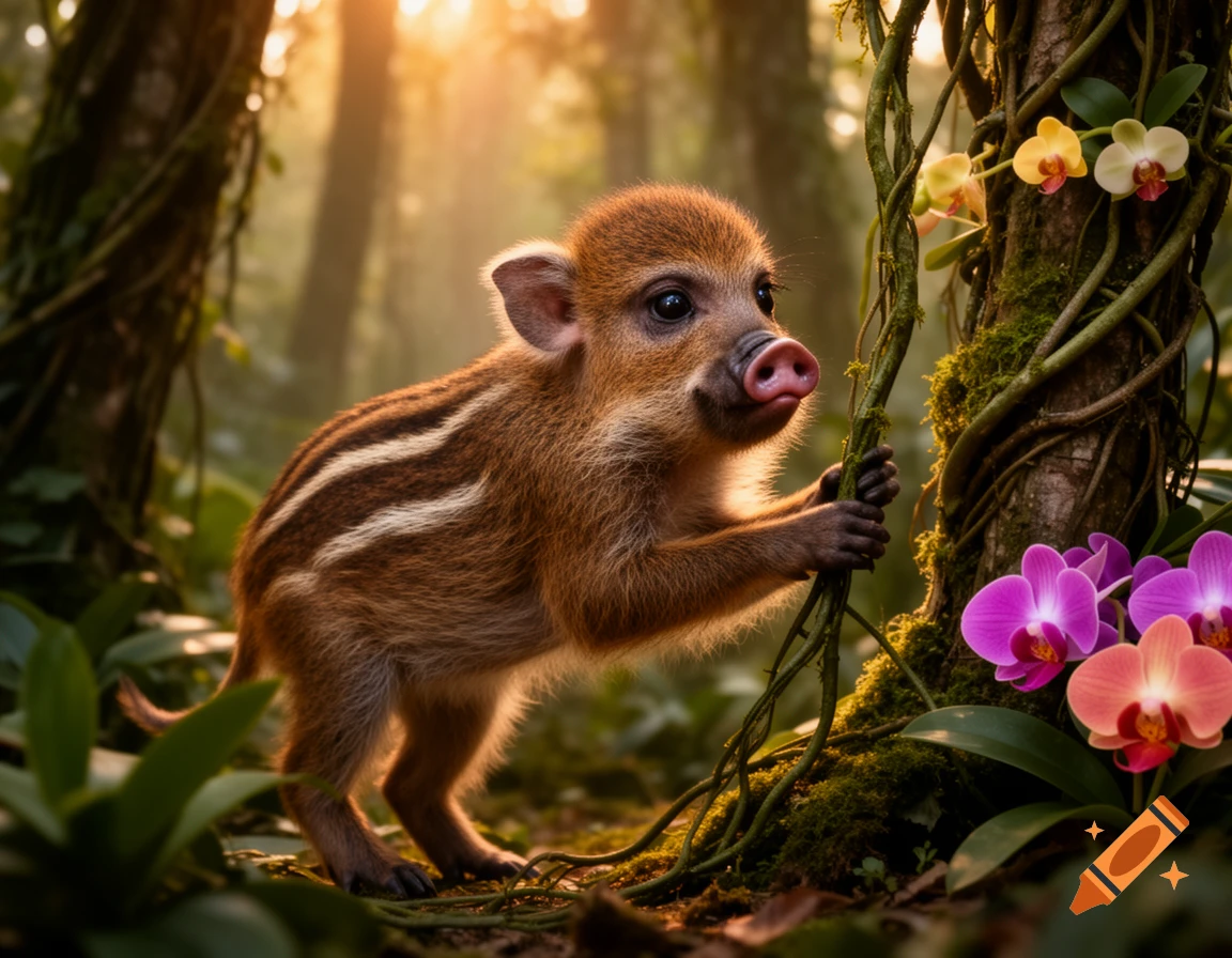 A cute striped wild boar piglet stands in a lush, sunlit forest, holding a vine near a tree adorned with colorful orchids.