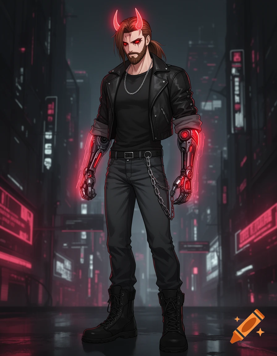 An anime man with brown hair, beard, red demon horns, and glowing red cybernetic arms stands in a dark city street.