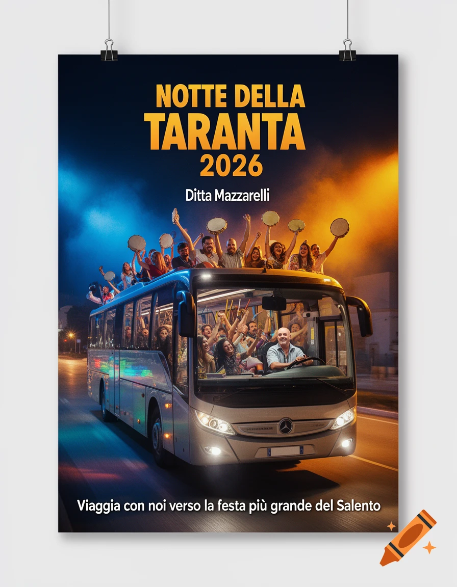 Photorealistic poster of a modern bus full of people celebrating with tambourines, driving at night. Text promotes Notte della Taranta 2026.