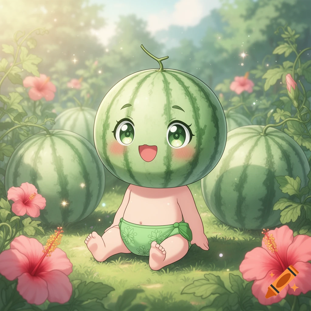 A cute anime-style baby with a watermelon head and a green diaper sits in a grassy garden filled with watermelons and pink hibiscus flowers.
