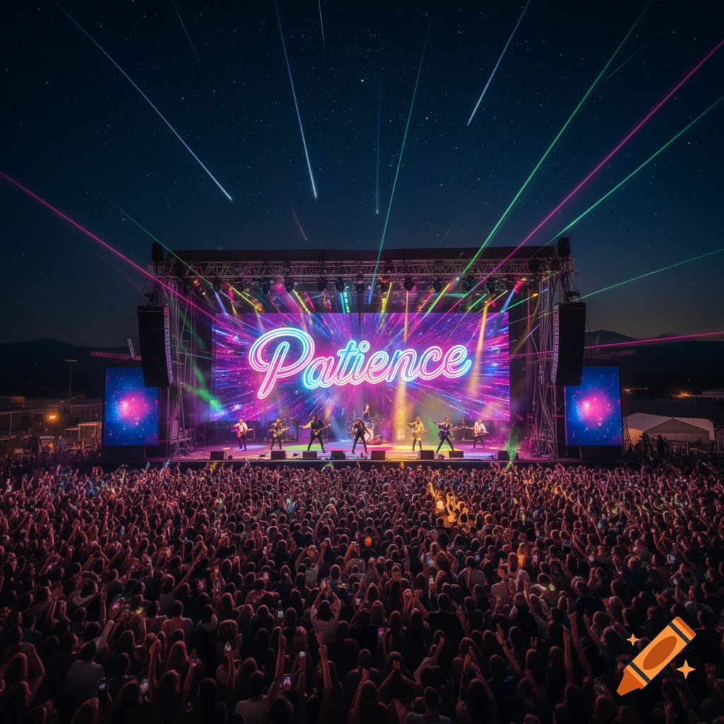 A vibrant outdoor concert at night with a band performing on stage in front of a massive crowd. The stage screen displays 'Patience' in neon script, illuminated by lasers and shooting stars in the dark sky.