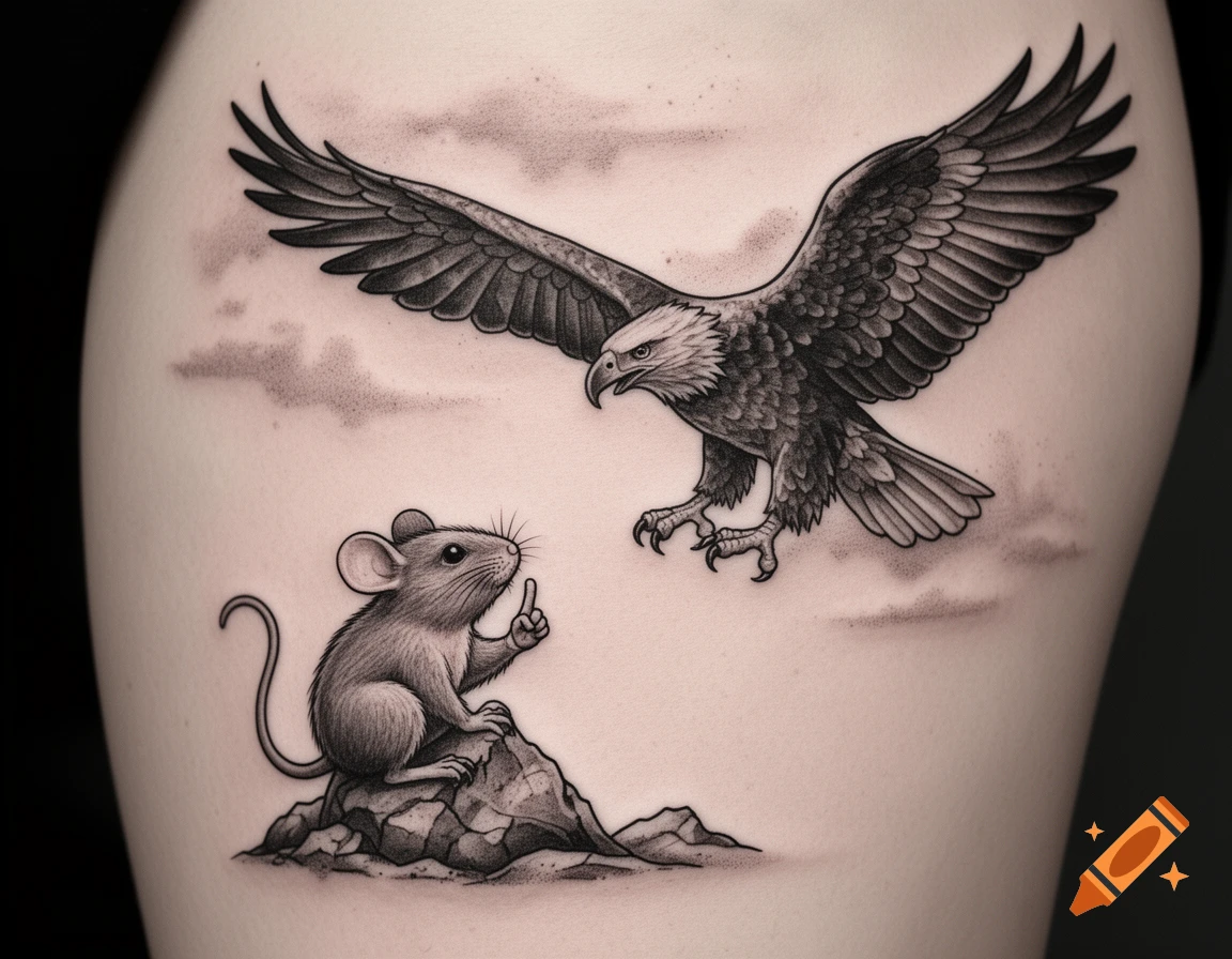 Black and white tattoo of a mouse on a rock flipping off a bald eagle mid-flight.