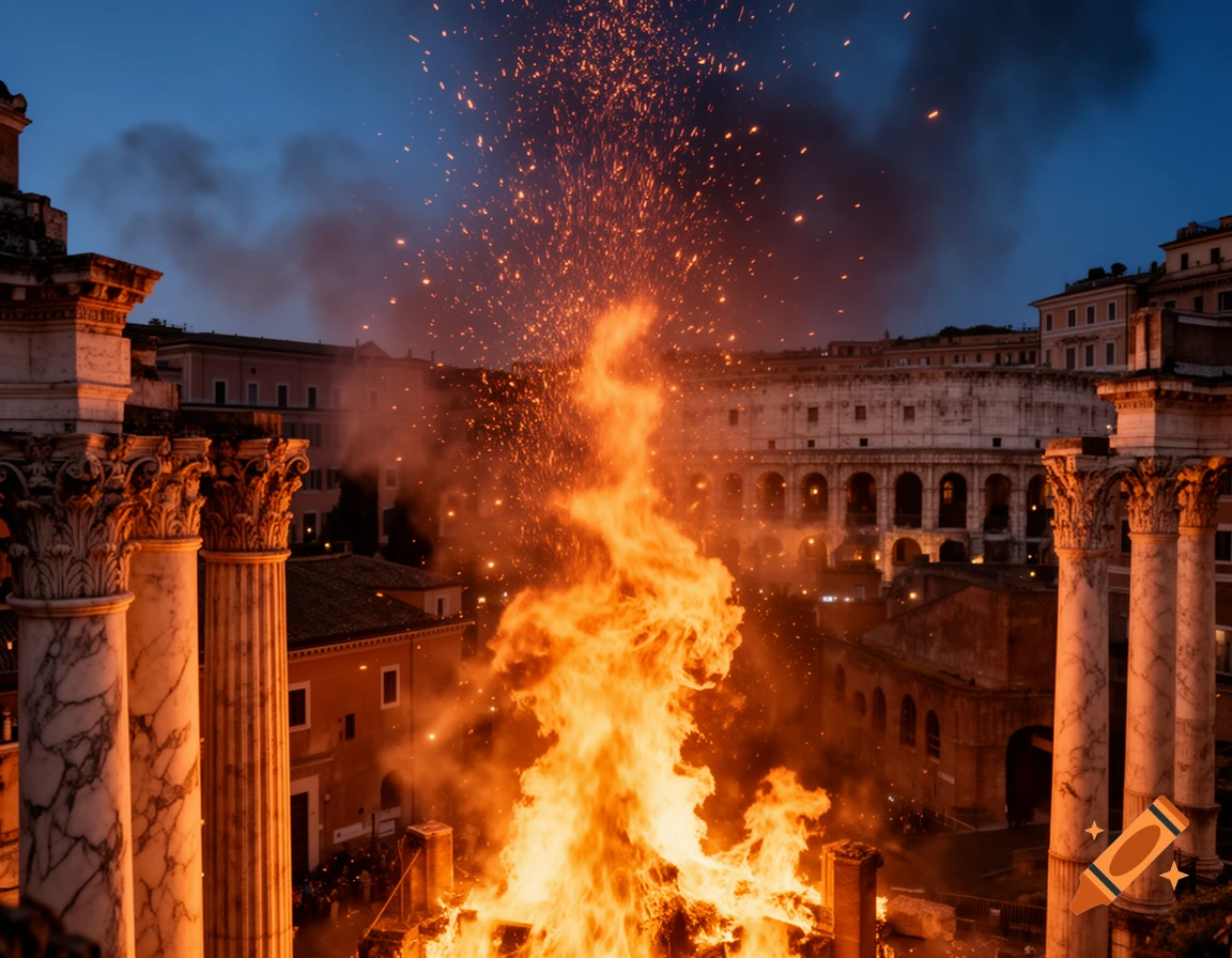 Photorealistic image of a large, roaring fire with sparks flying high, illuminating ancient Roman ruins and city buildings at dusk.