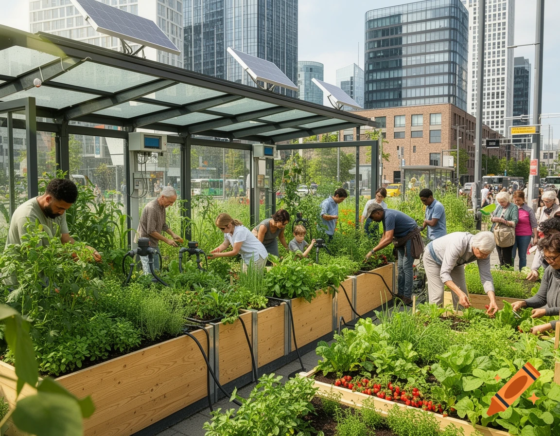 Diverse people tend to lush raised garden beds with strawberries and herbs under a solar-paneled canopy in an urban setting with modern buildings.